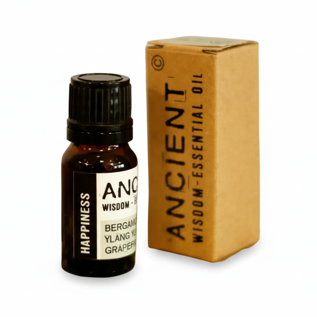 Bottle and box of Ancient Wisdom essential oil on a white background