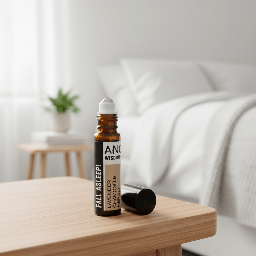 Bottle of 'Fall Asleep' essential oil blend on a wooden table in a modern white bedroom.