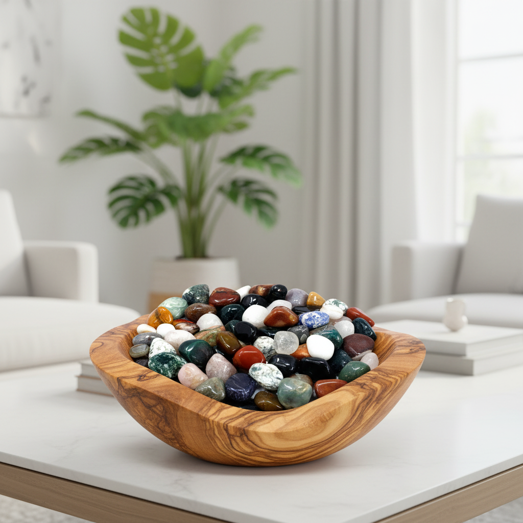 Wooden bowl filled with multicolored stones on a coffee table in a living room.