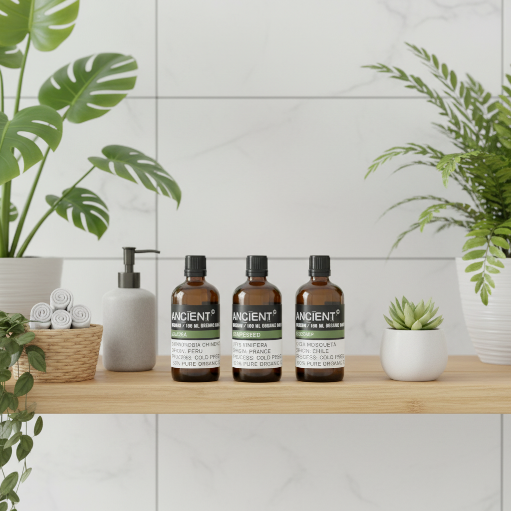 Four bottles of 'Ancient' products on a wooden shelf with plants in the background.