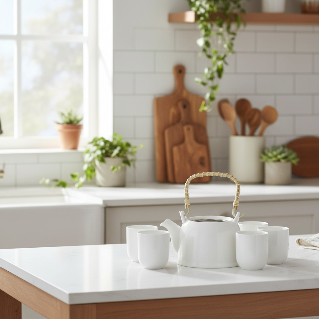 White teapot and cups on a kitchen counter with wooden utensils and plants in the background.