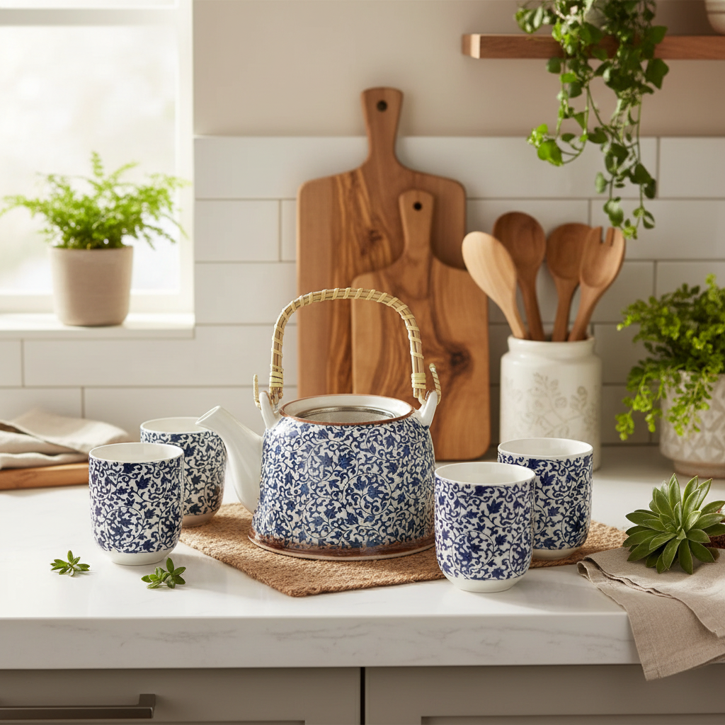 Blue and white ceramic teapot and cups on a kitchen counter with wooden utensils and plants.