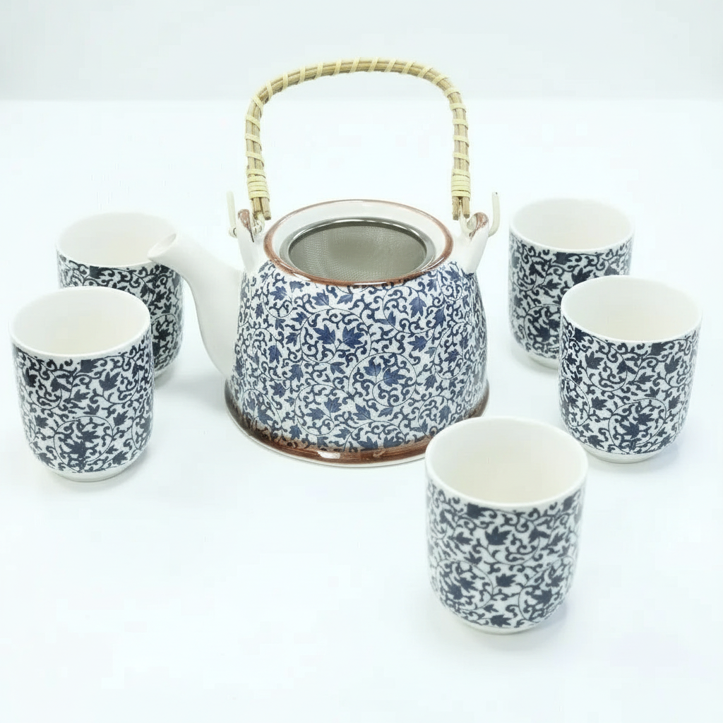 Ceramic teapot and cups with floral pattern on a white background