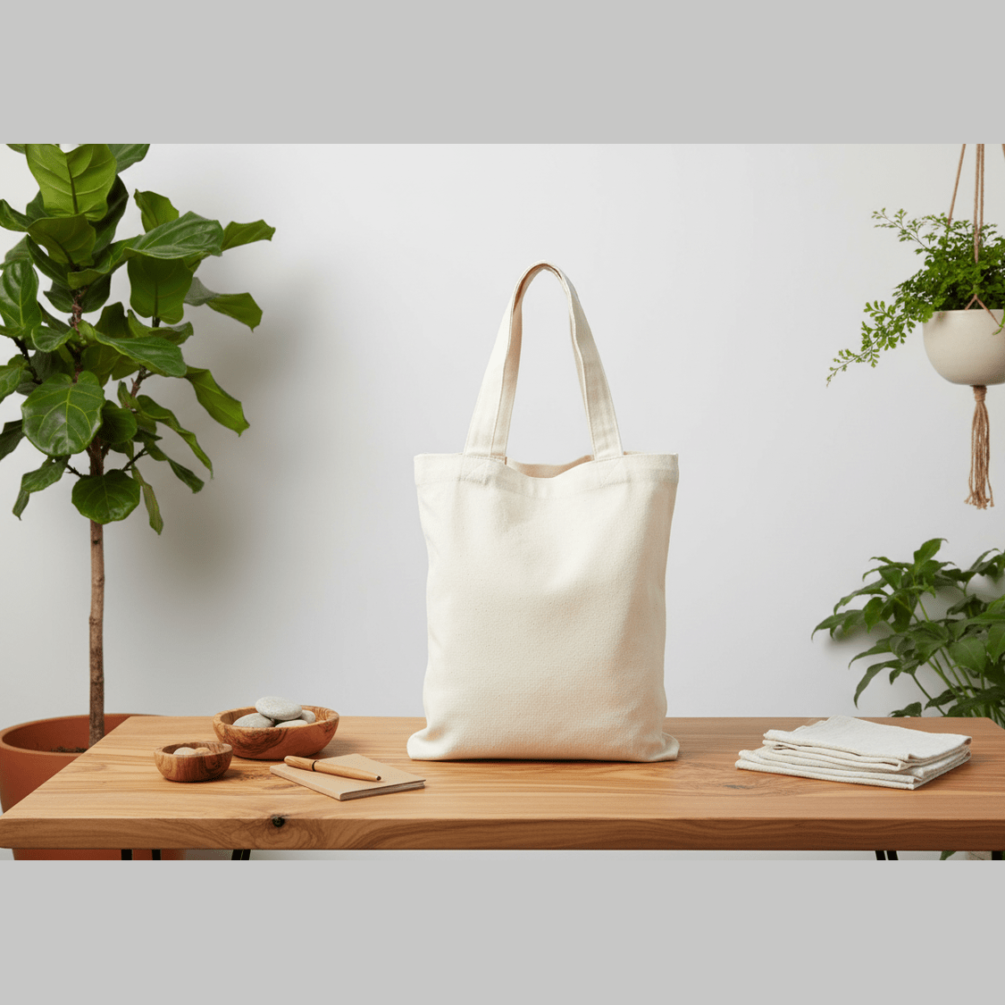 White tote bag on a wooden table with plants in the background