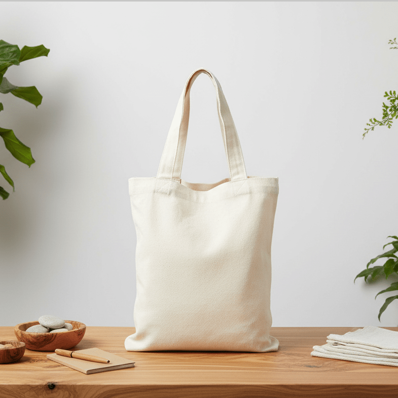White tote bag on a wooden table with plants in the background