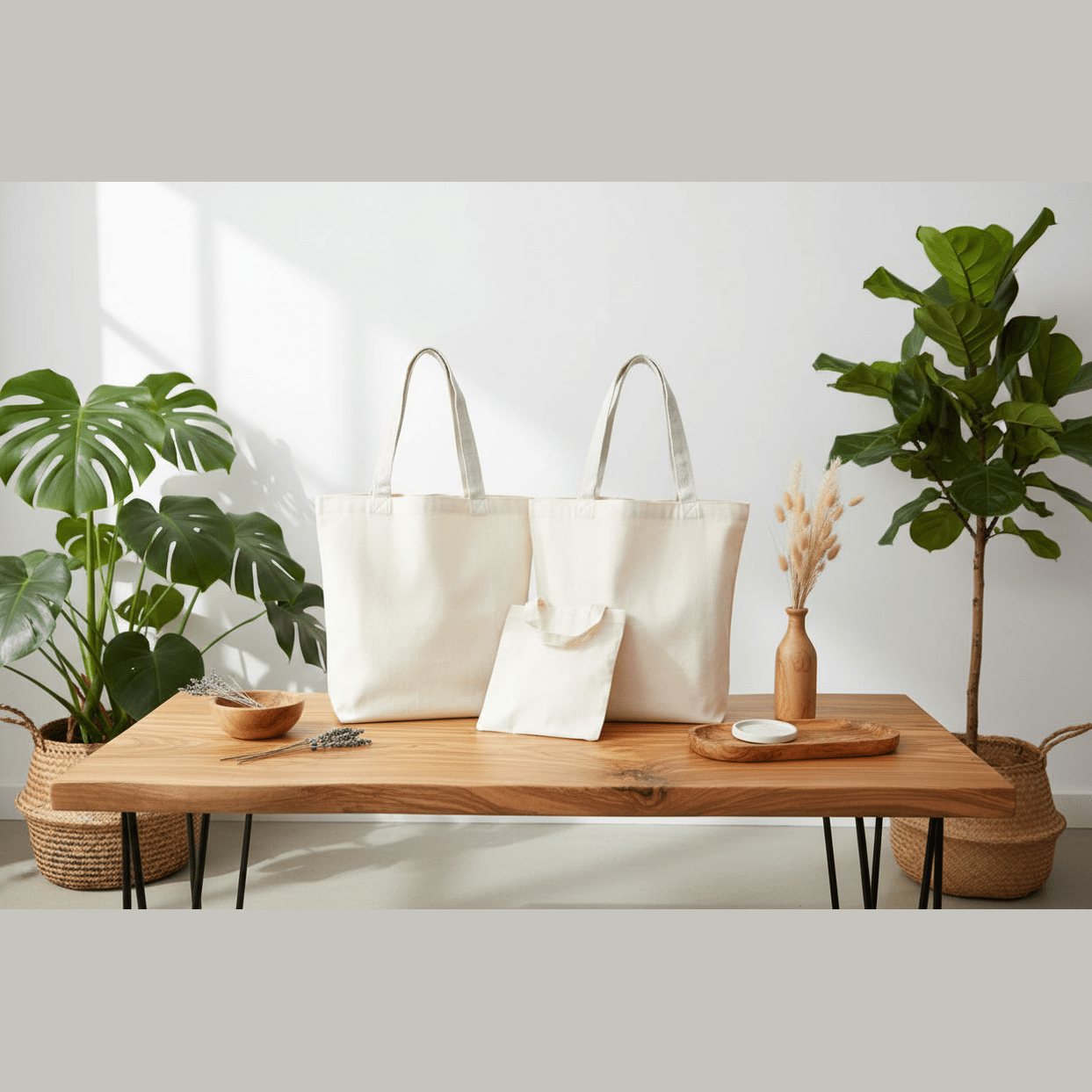Two tote bags on a wooden table with plants in the background