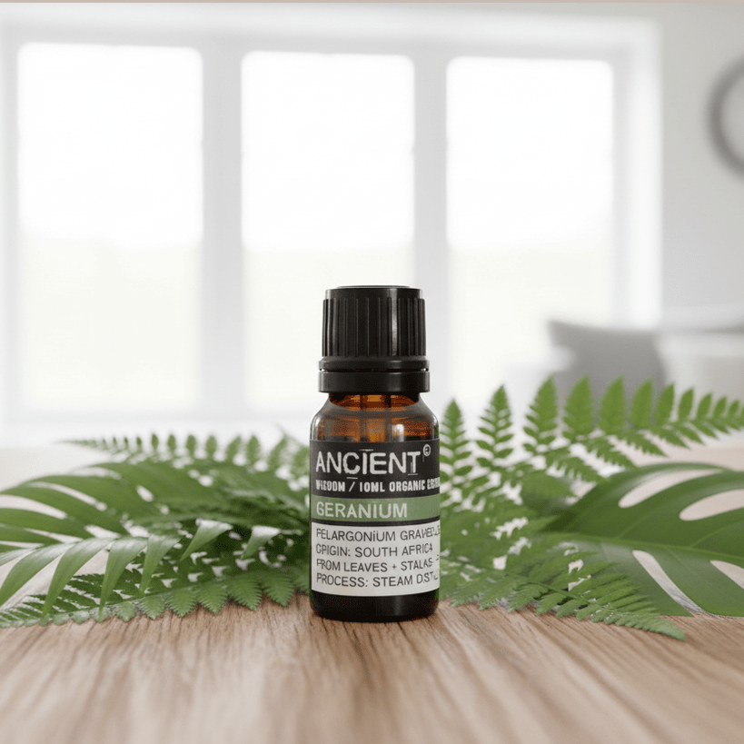 Bottle of essential oil with leaves on a wooden surface