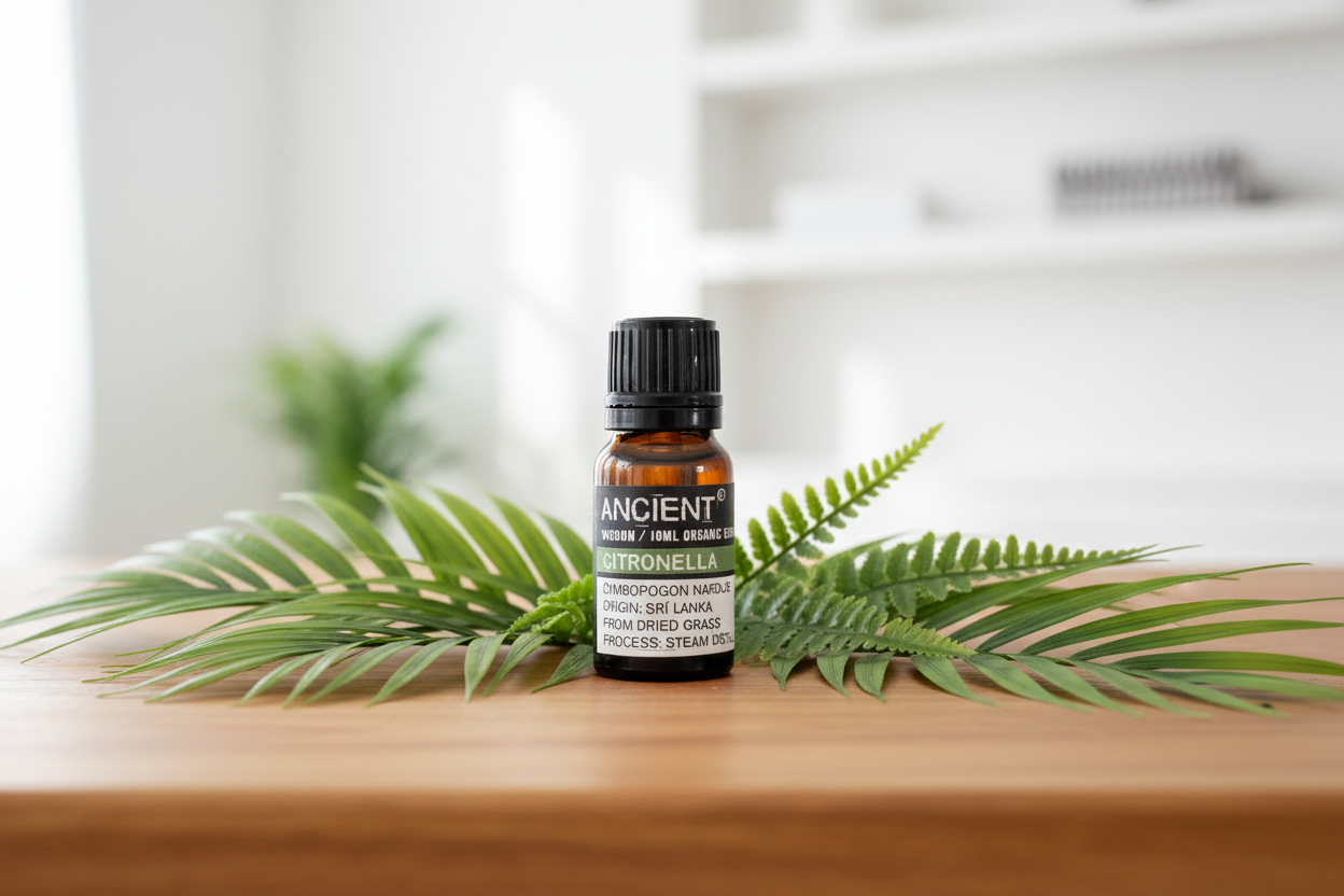 Bottle of essential oil labelled 'Ancient Wisdom' on a wooden surface with fern leaves.