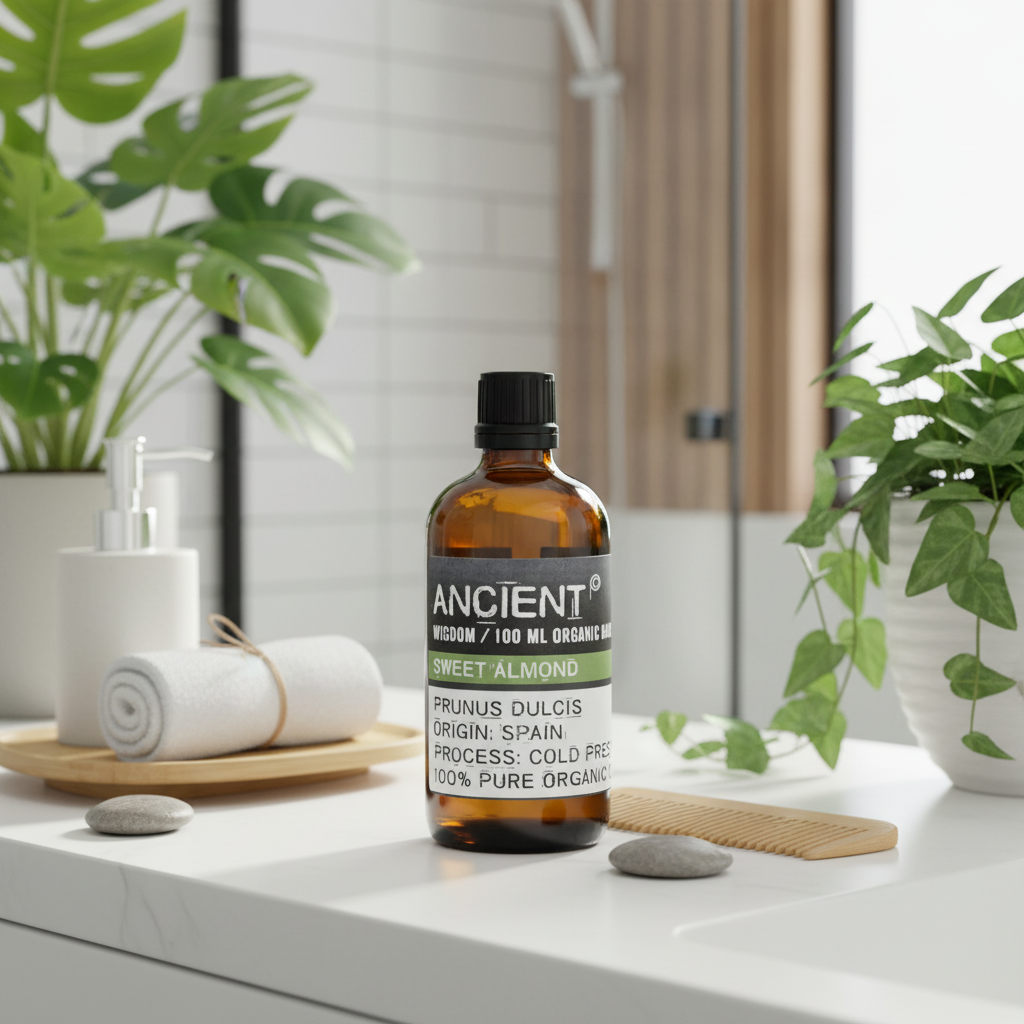Bottle of Ancient Sweet Almond oil on a bathroom counter with plants and towels in the background