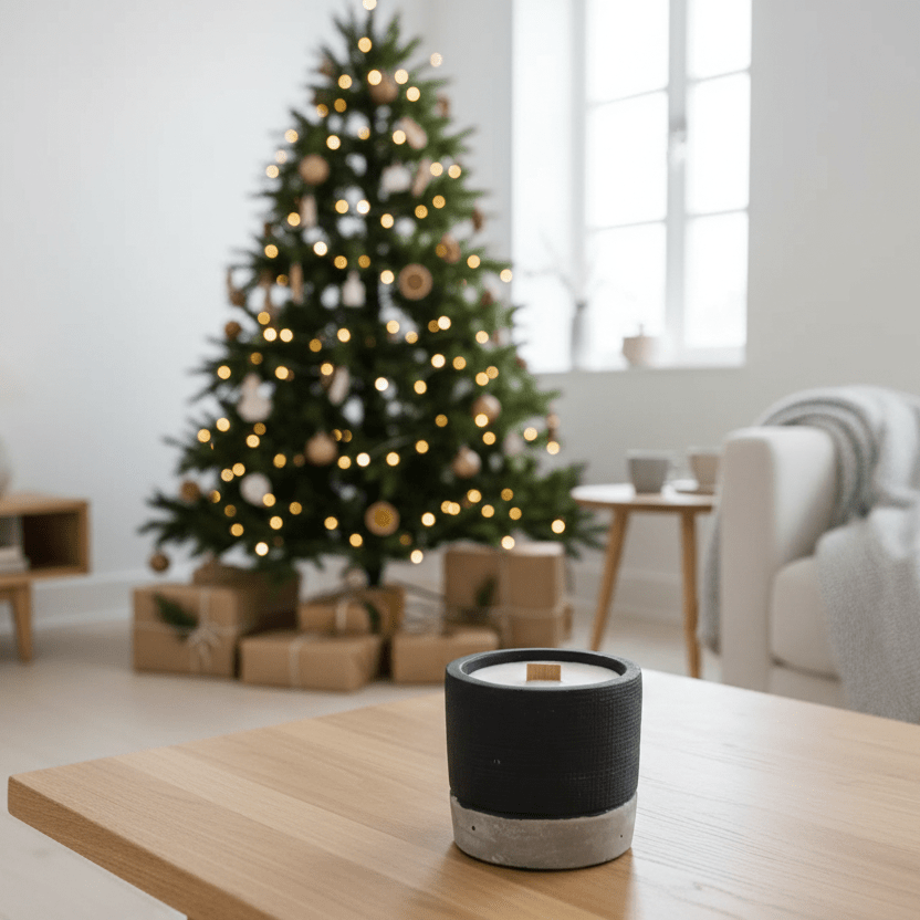Black candle on a wooden table with a decorated Christmas tree in the background