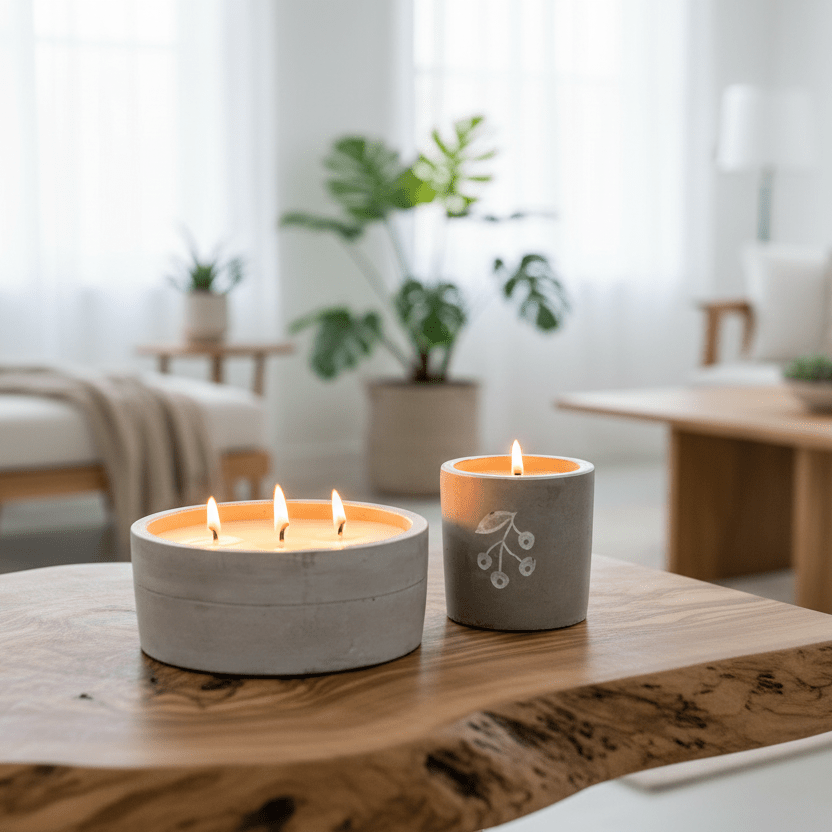 Two lit candles on a wooden table in a bright living room with plants and furniture.