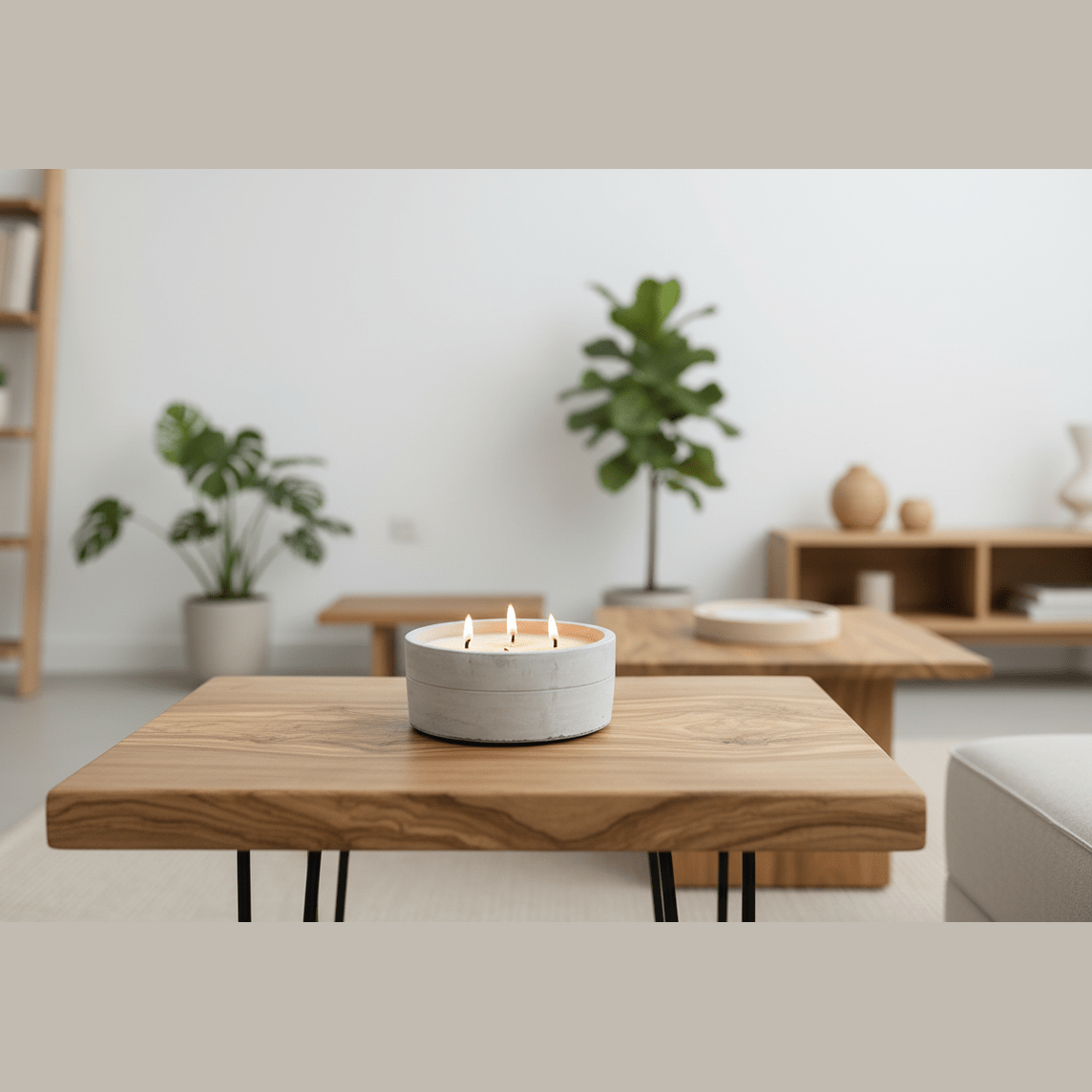 Candle in a white holder on a wooden table with a blurred background of a living room.