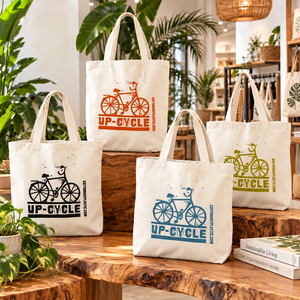 Four pale cotton shopper bags with black, orange, blue and green Up-Cycle bicycle prints displayed on wooden plinths