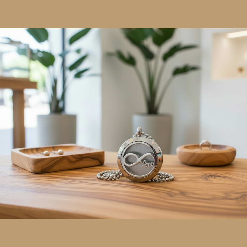 Silver aromatherapy pendant necklace on a wooden surface with plants in the background