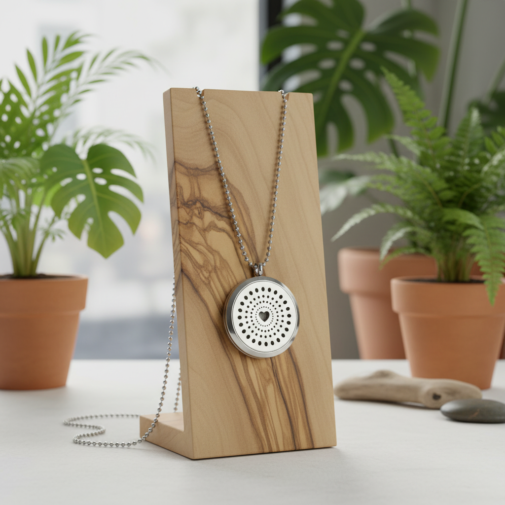A silver-toned round pendant necklace with a heart-shaped center detail hangs from a silver ball chain, displayed on a rectangular wooden stand. The stand is placed on a tabletop with potted plants and a blurred indoor background.
