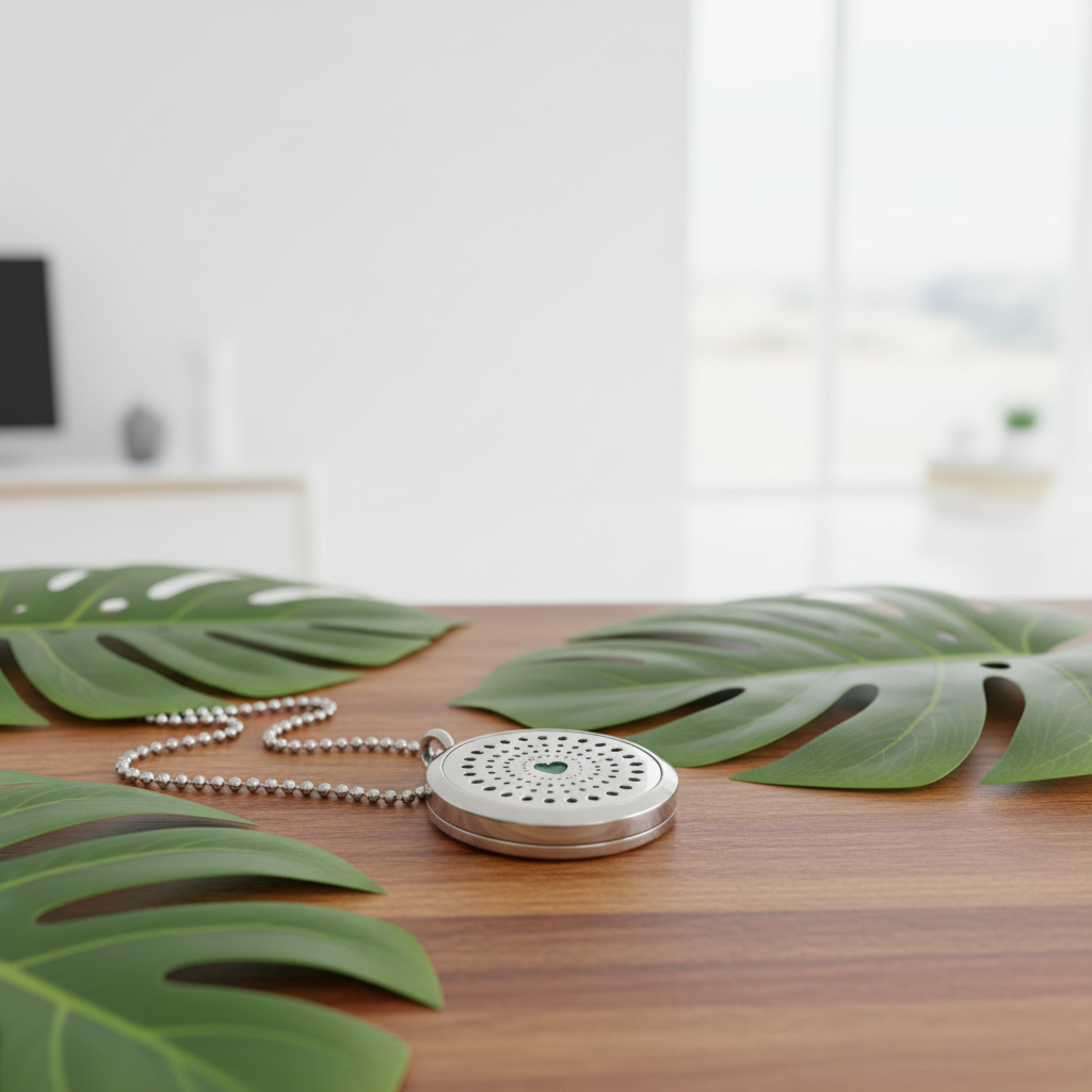 A silver metal locket pendant with a small green heart in the centre, resting on a wooden table with green monstera leaves around it.