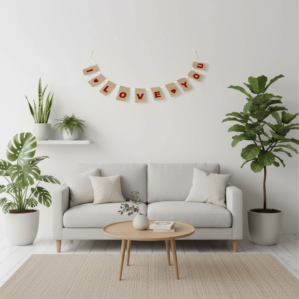 Modern living room with a gray sofa, wooden coffee table, and potted plants.