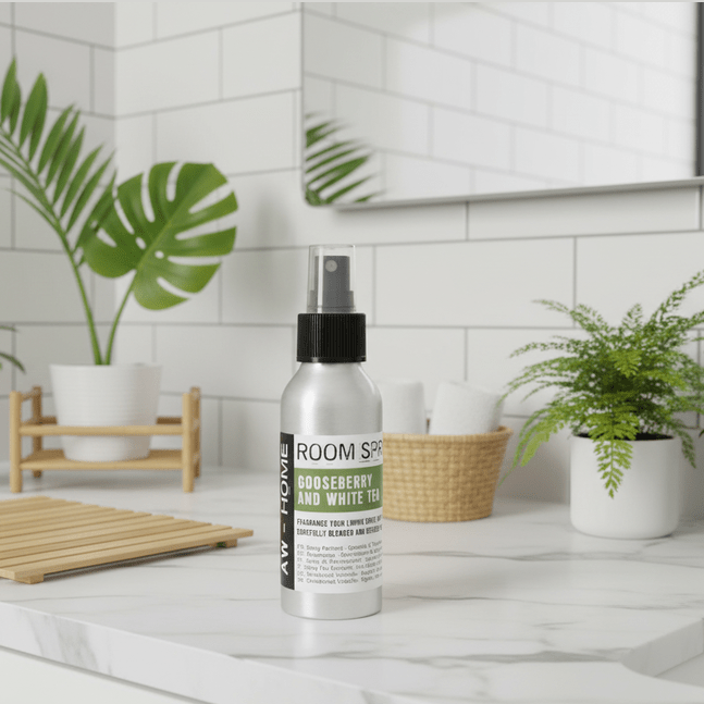Room spray bottle on a bathroom counter with plants and tiles in the background