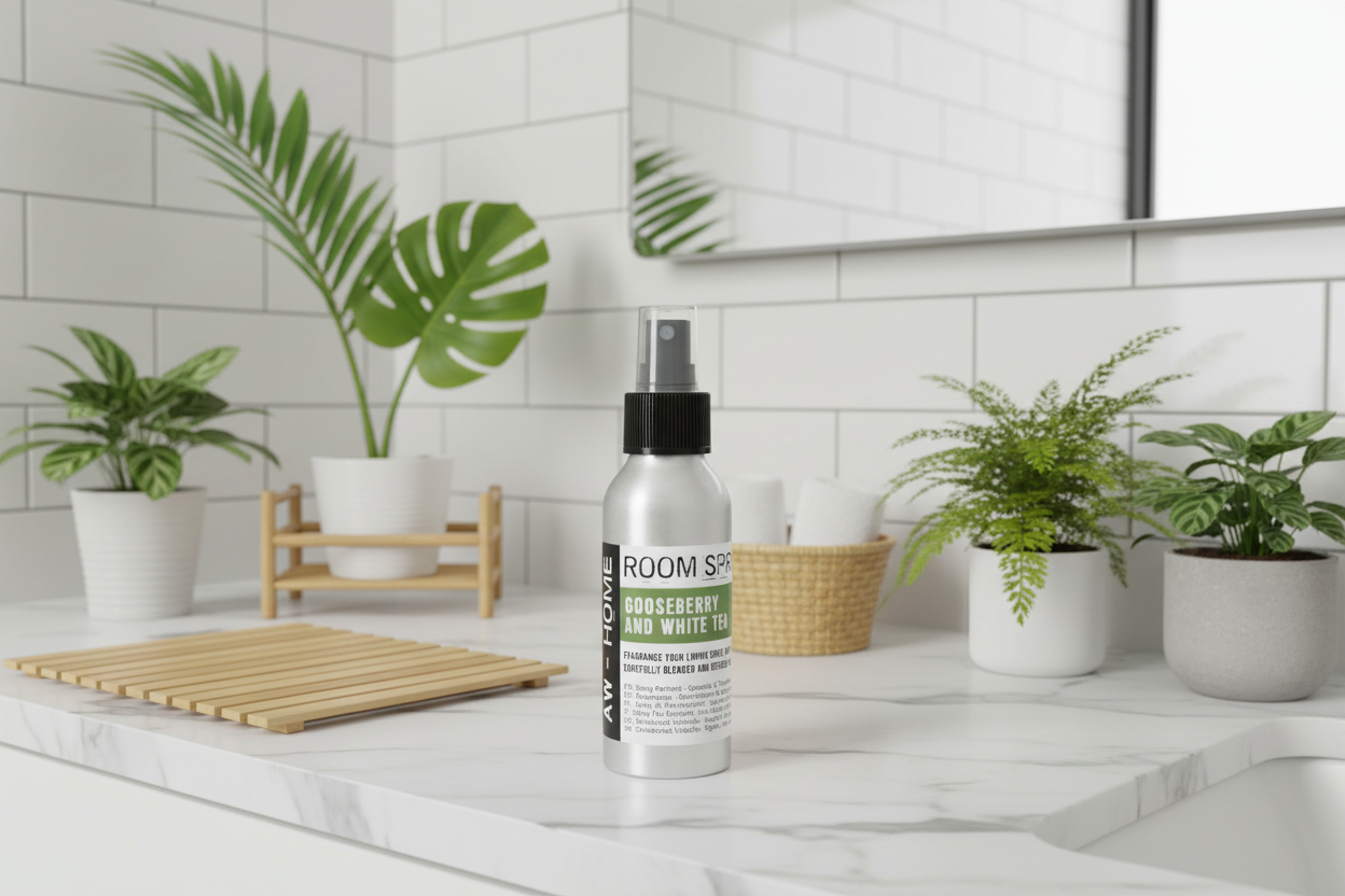 Room spray bottle on a bathroom counter with plants and tiles in the background