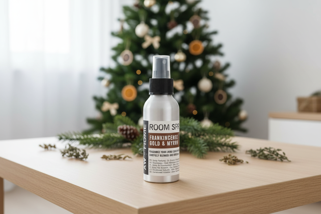 Frankincense, gold and myrrh room spray bottle on a table with a decorated Christmas tree in the background