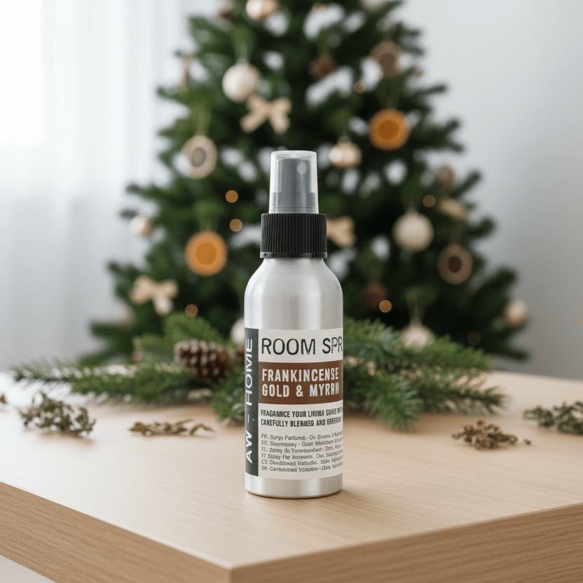 Frankincense, gold and myrrh room spray bottle on a table with a decorated Christmas tree in the background