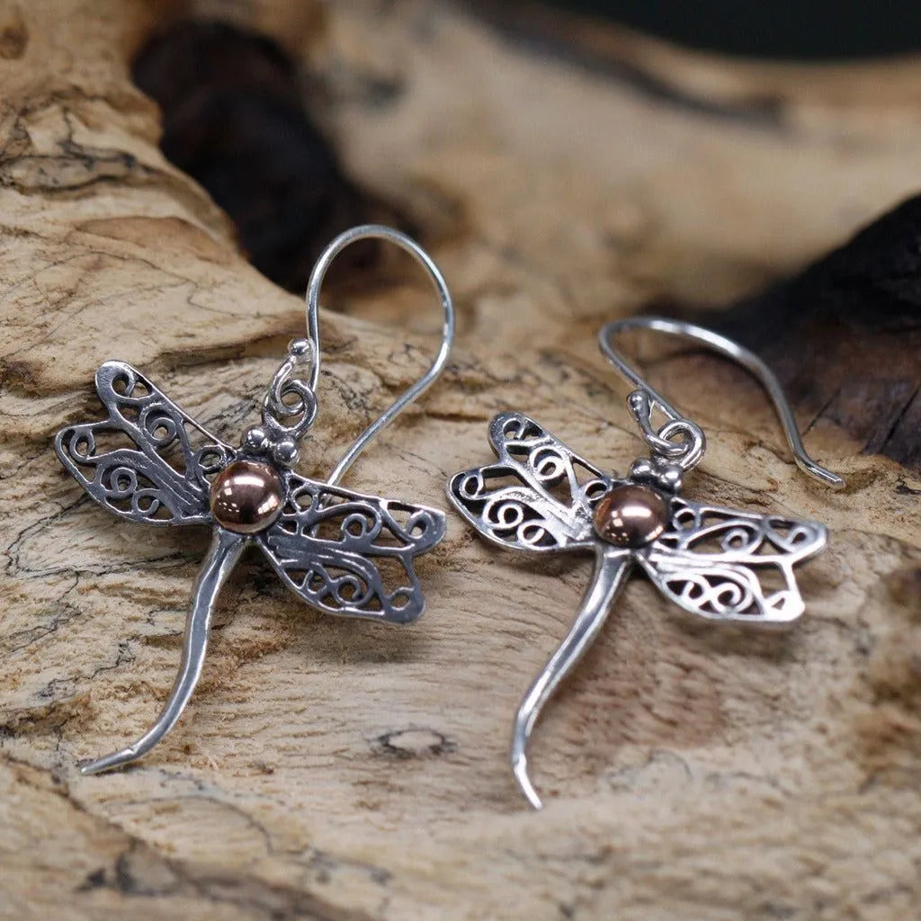 Ancient Wisdom Silver & Gold Earring - Dragonflies - Gift Boxed - Ethically Sourced - Handmade in Indonesia Clothing & Accessories > Jewellery & Watches > Earrings > Womens Earrings > Drop Earrings > Silver & Gold Dragonfly Earrings emmy-jane-boutique.myshopify.com