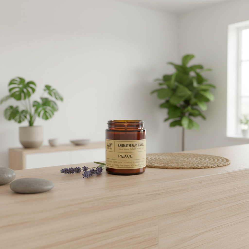 Aromatherapy candle labeled 'Peace' on a wooden surface with plants in the background
