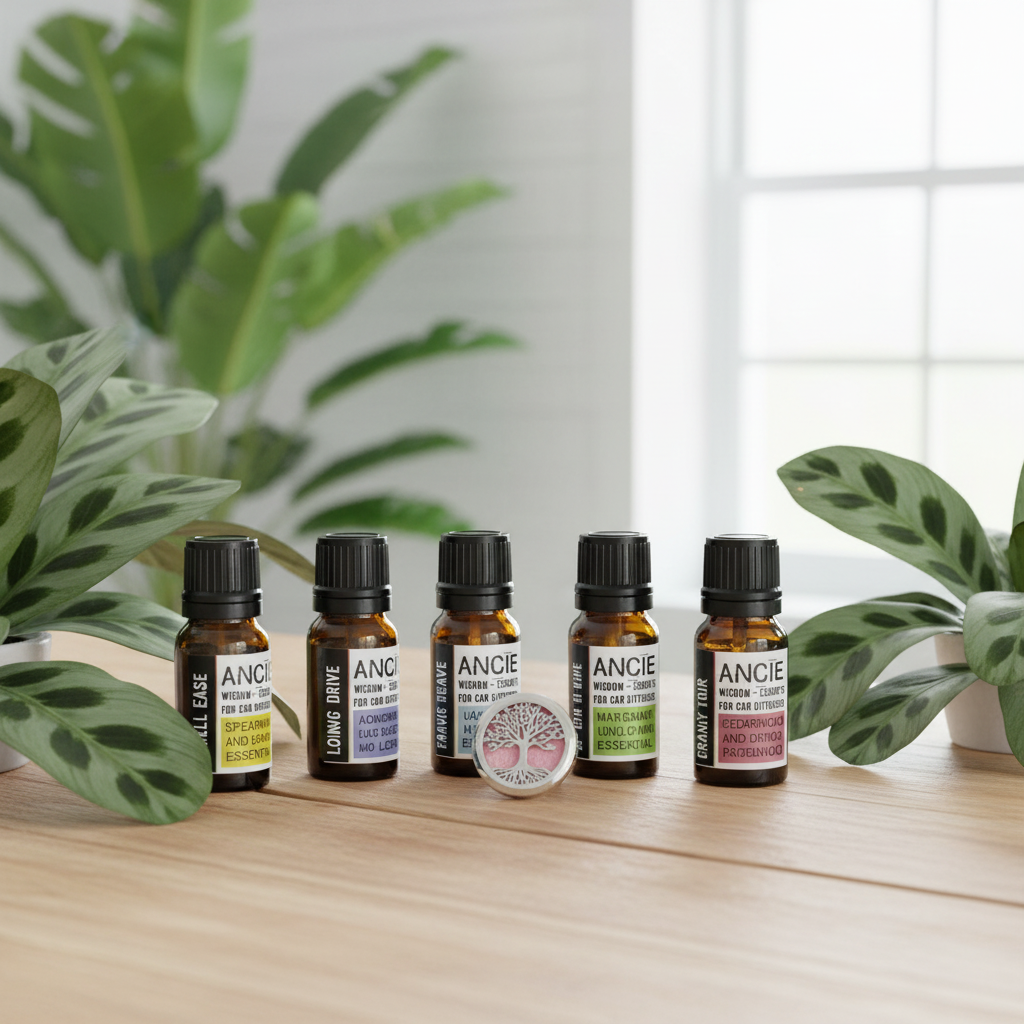 Set of Ancient Wisdom essential oil car bkends bottles on a wooden surface with plants in the background
