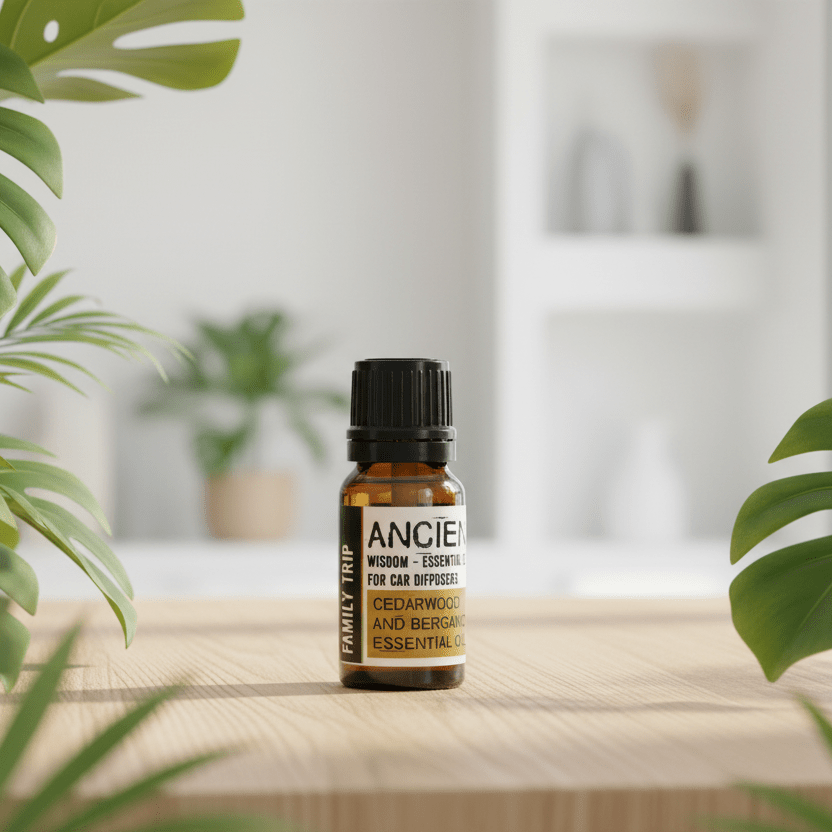 Essential oil bottle labelled 'Family Trip' on a wooden surface with plants in the background