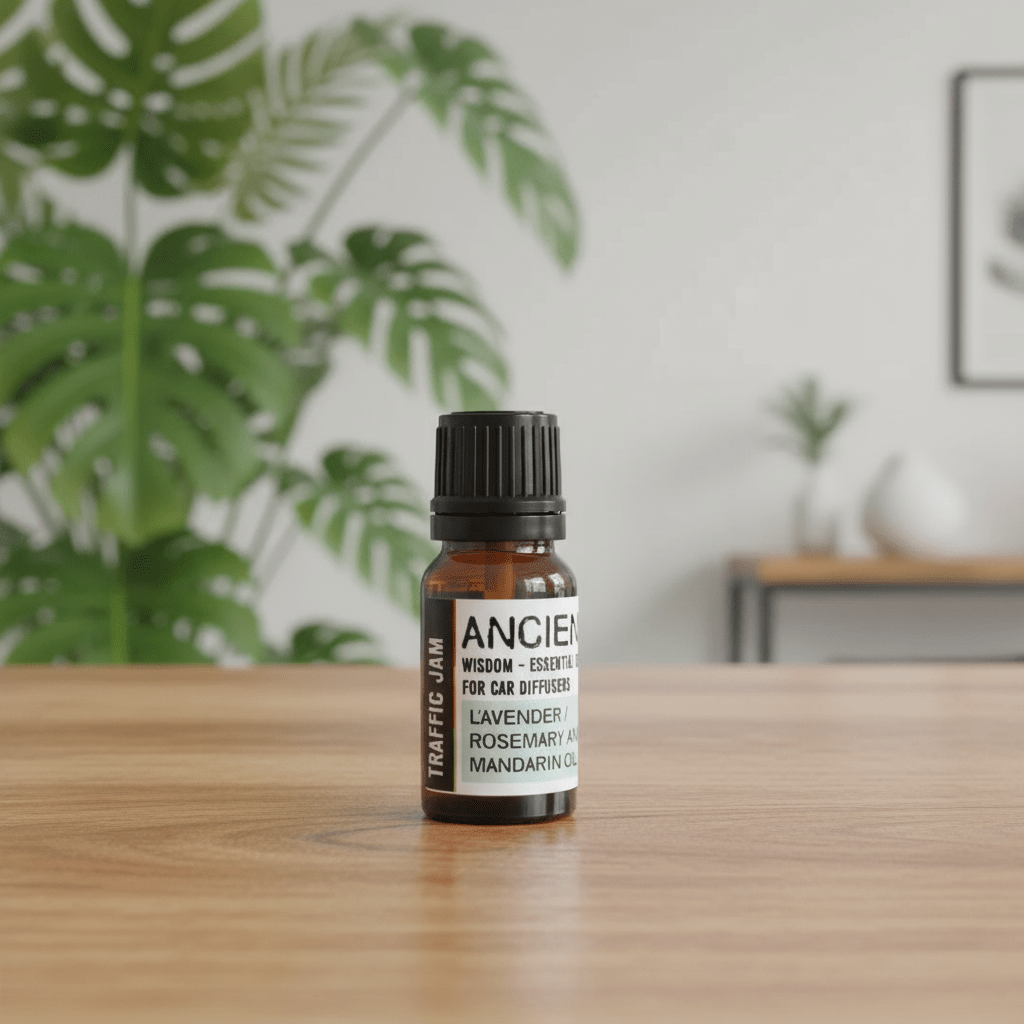 Essential oil bottle on a wooden surface with plants in the background