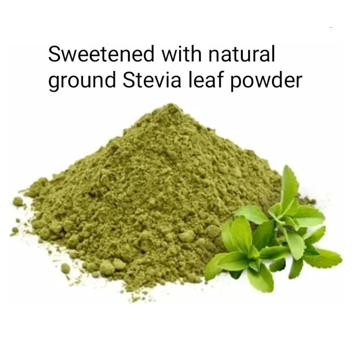 Green stevia leaf powder with a small cluster of stevia leaves on a white background, labeled 'Sweetened with natural ground Stevia leaf powder'.