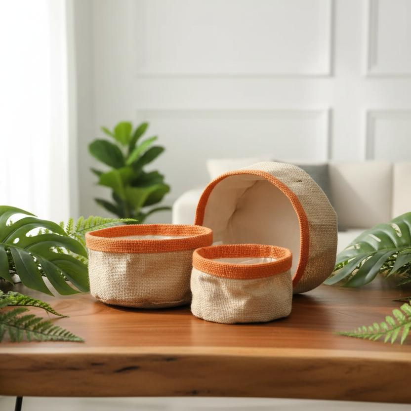 Three eco-friendly jute storage baskets with orange rims on a wooden table surrounded by green plants.