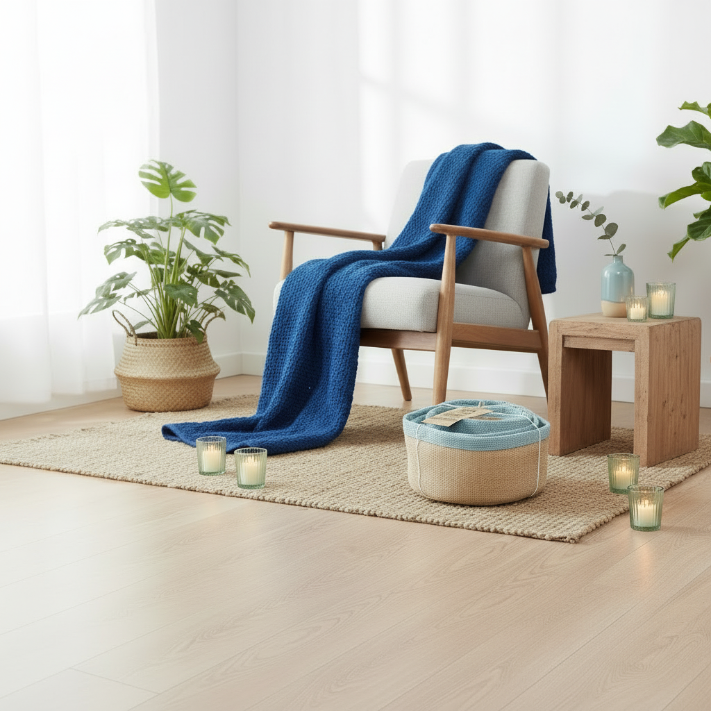 Cosy living room with a chair draped in a blue blanket, baskets, plants, and candles.