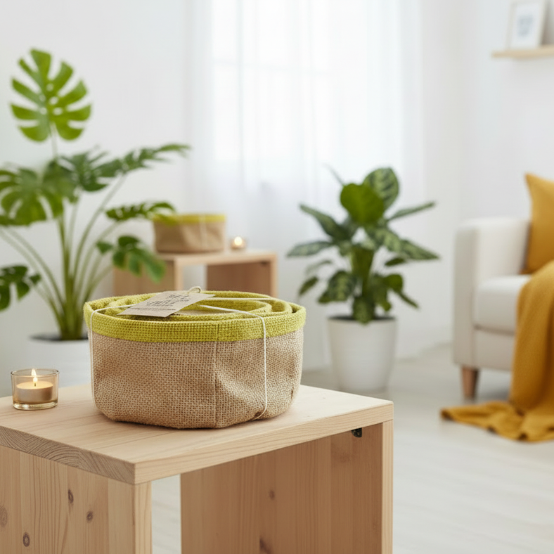 Eco-friendly jute storage baskets in a living room with a wooden table, plant, and yellow blanket on a sofa.