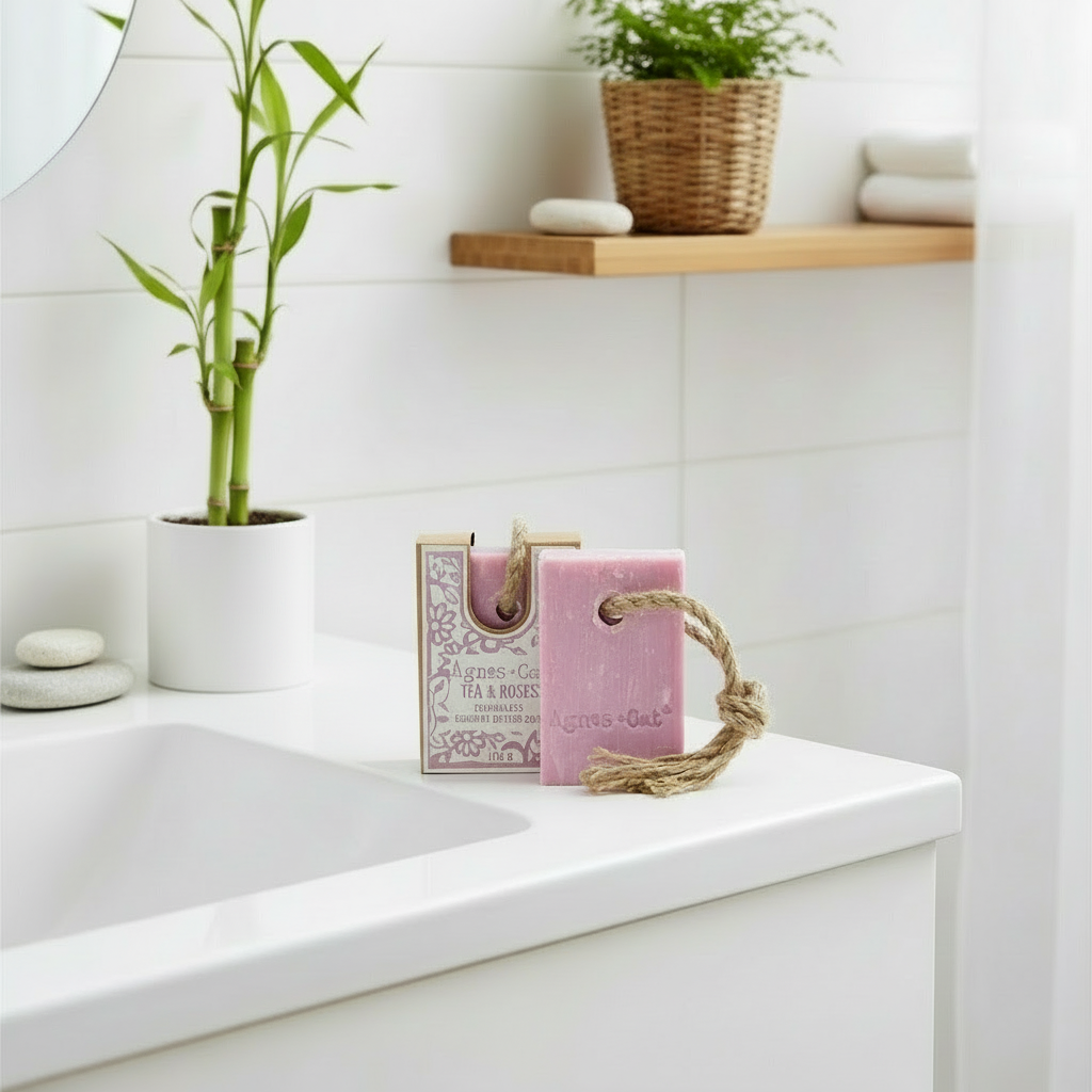 Pink soap on a rope with packaging on a bathroom counter, featuring a plant and shelves in the background.