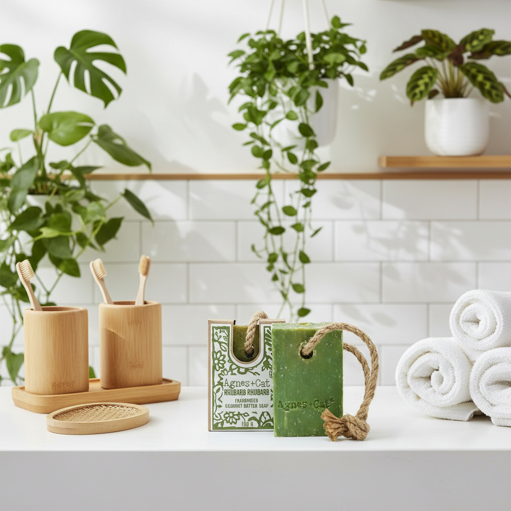 Bathroom setting with bamboo toothbrush holders, soap, and towels against a tiled wall.