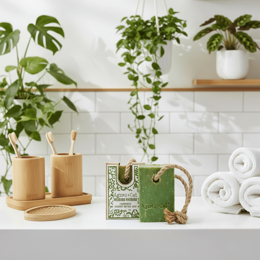 Bathroom setting with bamboo toothbrush holders, soap, and towels against a tiled wall.