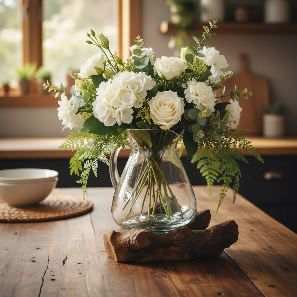 A floral arrangement of white roses, hydrangeas, and green foliage in a clear glass pitcher vase, displayed on a rustic wooden stand on a wooden table in a softly lit kitchen setting.