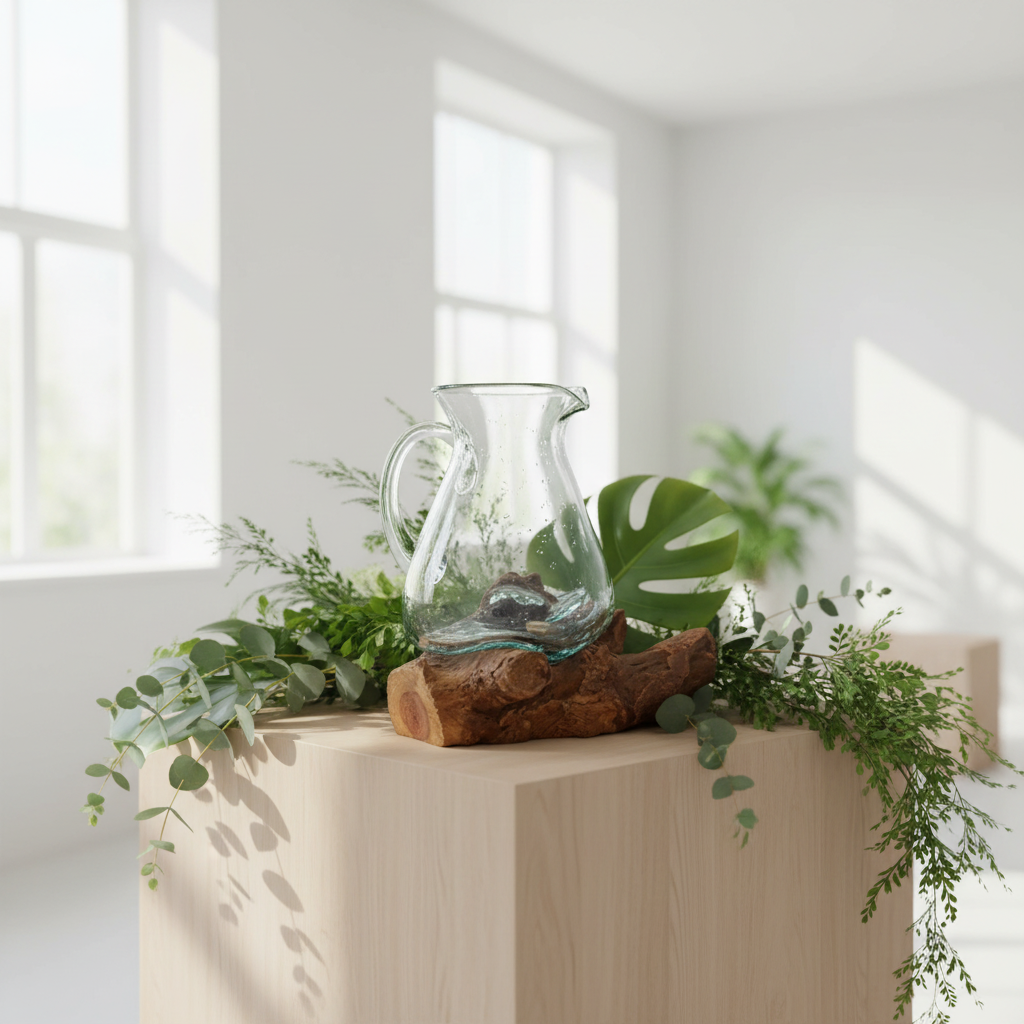 A clear glass pitcher with a handle and spout sits on a rustic wood block atop a light wood pedestal, surrounded by green plants in a bright, sunlit room.