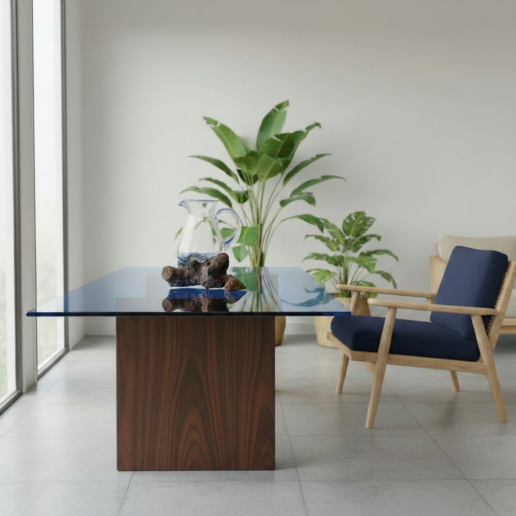 A modern wooden dining table with a thick live-edge slab top and a substantial block pedestal base, styled in a bright minimalist room with a matching light wood armchair, potted plants, and a glass pitcher.