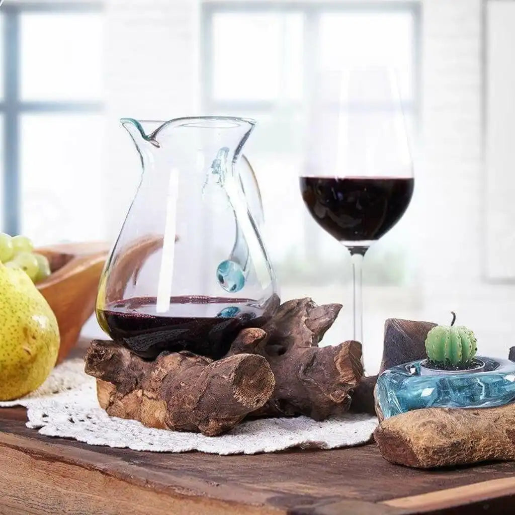 AW Home Handmade Water Drinks Jug - Recycled Glass on an Indonesian Gamal Root Stand Home & Garden > Kitchen & Dining > Tableware > Serveware > Serving Pitchers & Carafes > Glass Jugs > Handmade Water Drinks Jug > Recycled Glass Jug on an Indonesian Gamal Root Stand emmy-jane-boutique.myshopify.com