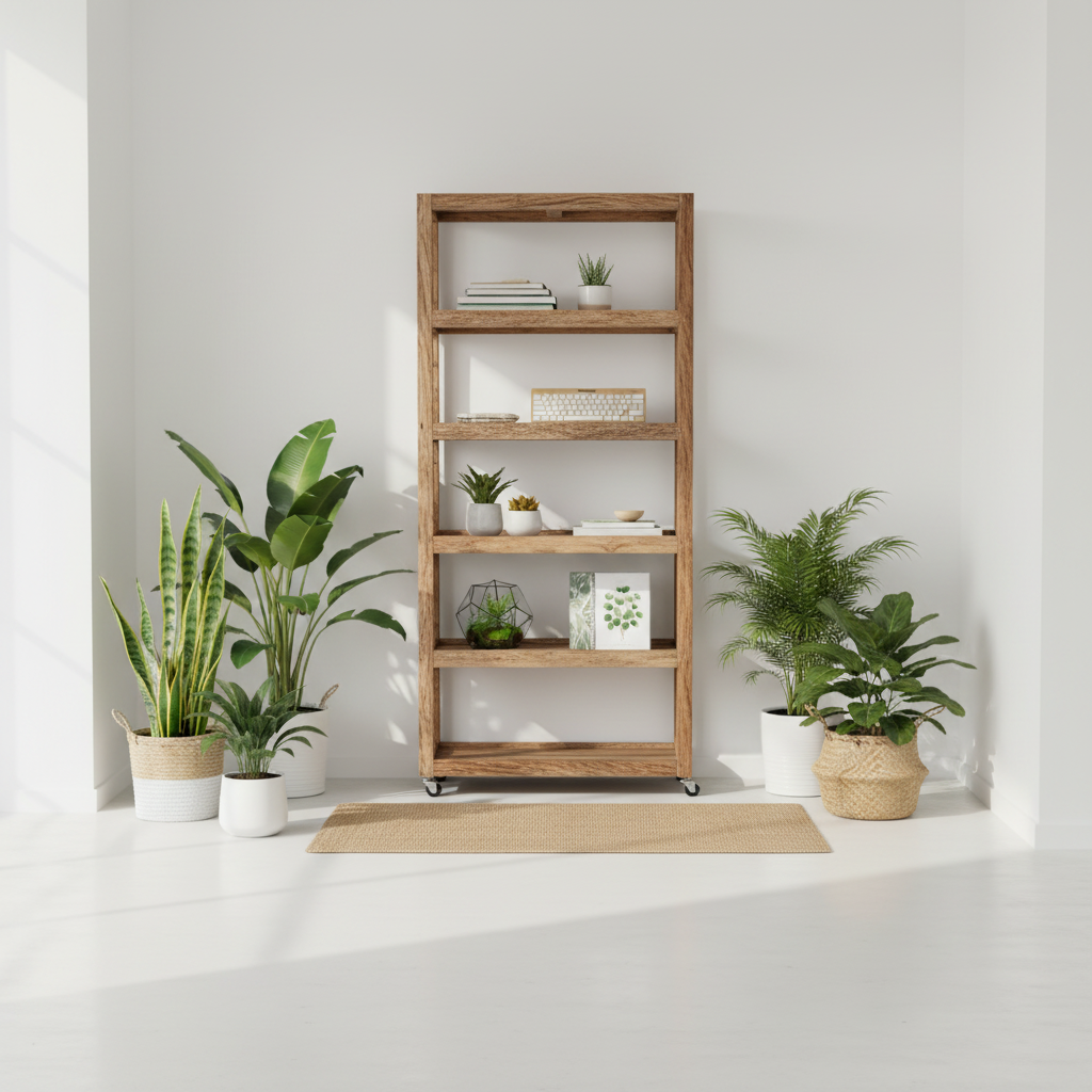 A tall five-tier wooden bookcase with black caster wheels, styled with books, small potted plants, and decorative boxes, set in a bright, modern room with potted plants on both sides.