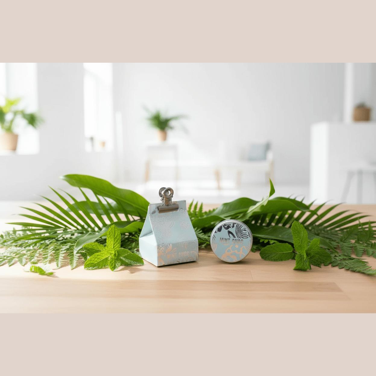 Natural lip balm on a wooden surface with green leaves