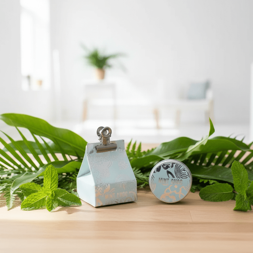 Natural lip balm on a wooden surface with green leaves