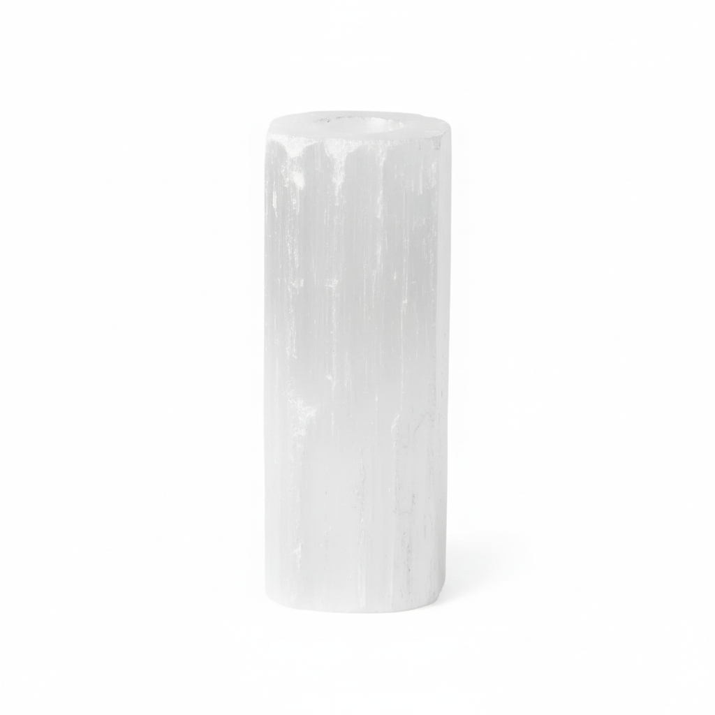 White cylindrical selenite candle holder on a white background