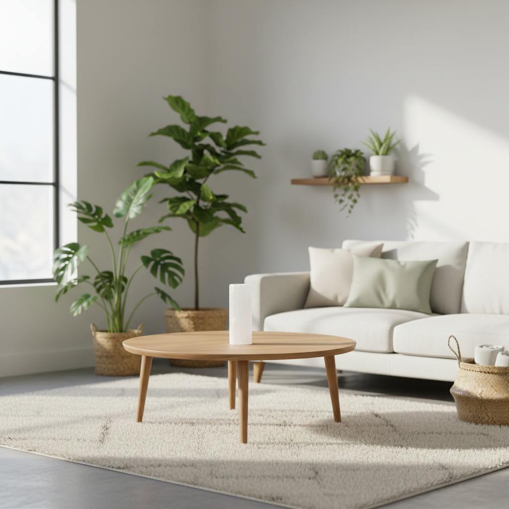 Modern living room featuring a white sofa, a wooden coffee table, a selenite white candle holder, and potted plants.