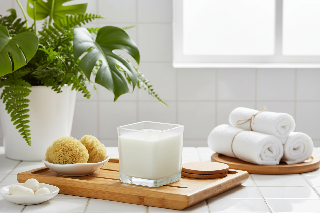 Candle on a wooden tray with towels and plants in a bathroom setting