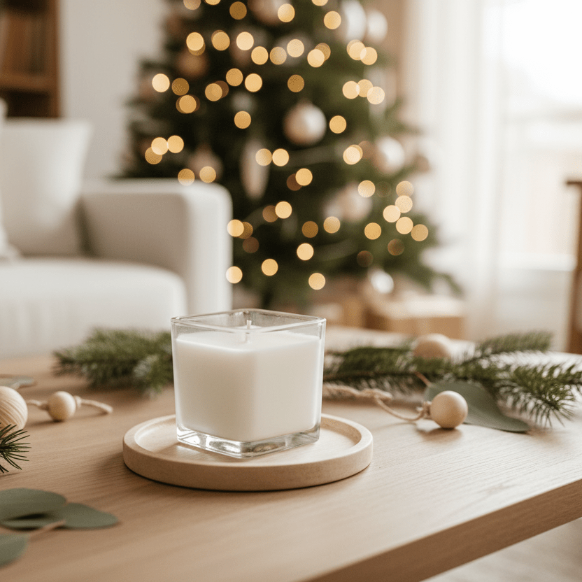Candle on a wooden table with a decorated Christmas tree in the background