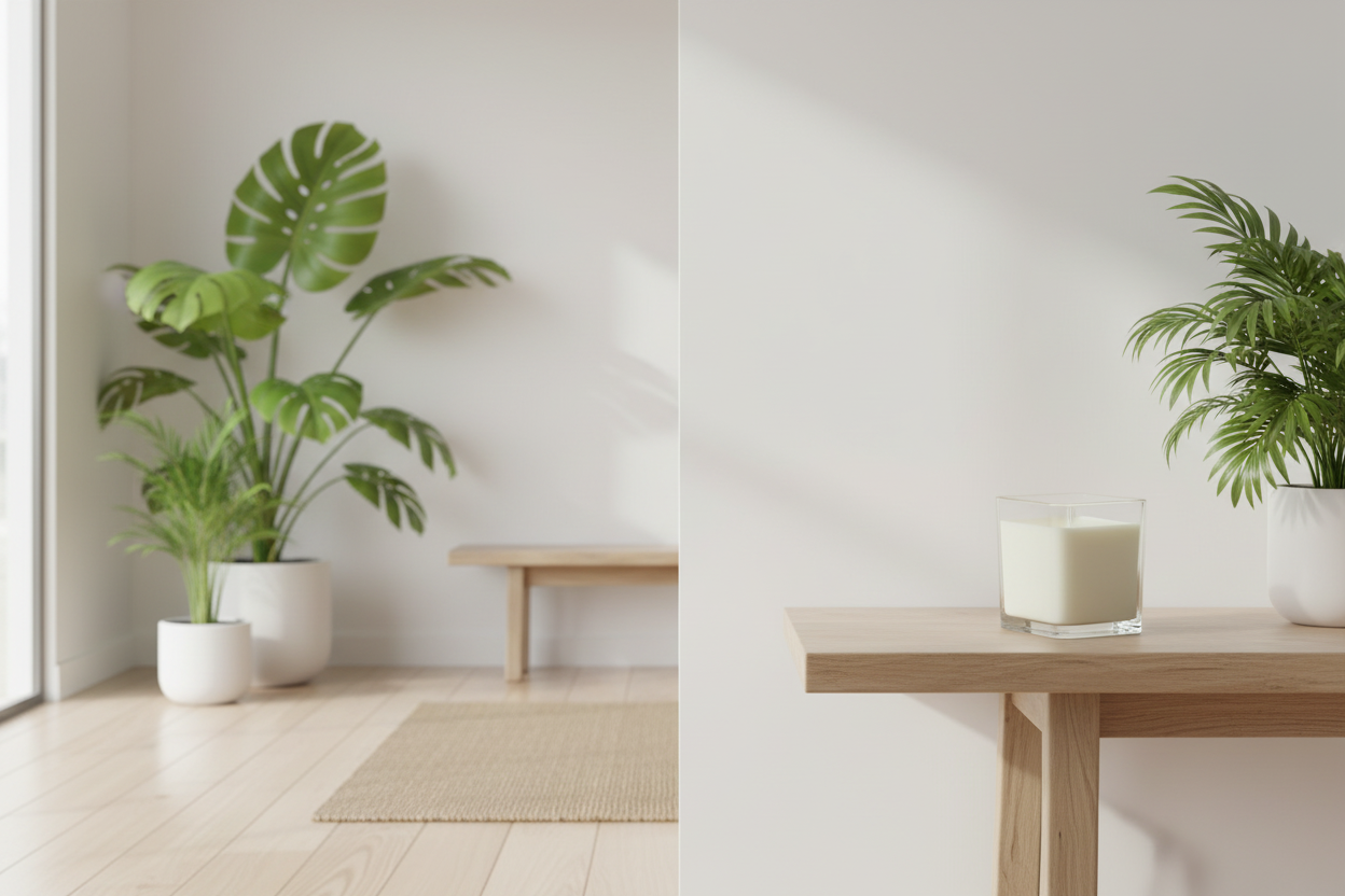 Two room views with plants and a table, one with a rug and the other with a candle.