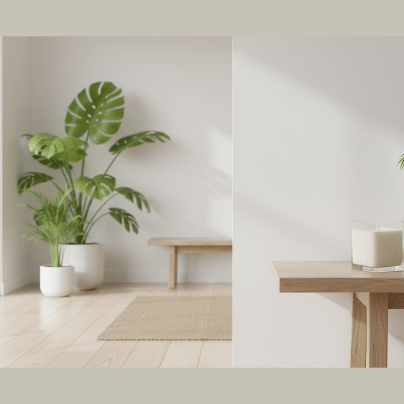 Two room views with plants and a table, one with a rug and the other with a candle.